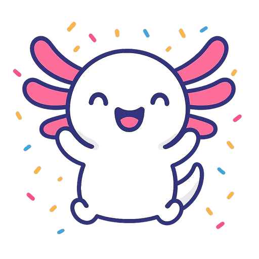 Nuvin, a cheerful axolotl mascot celebrating