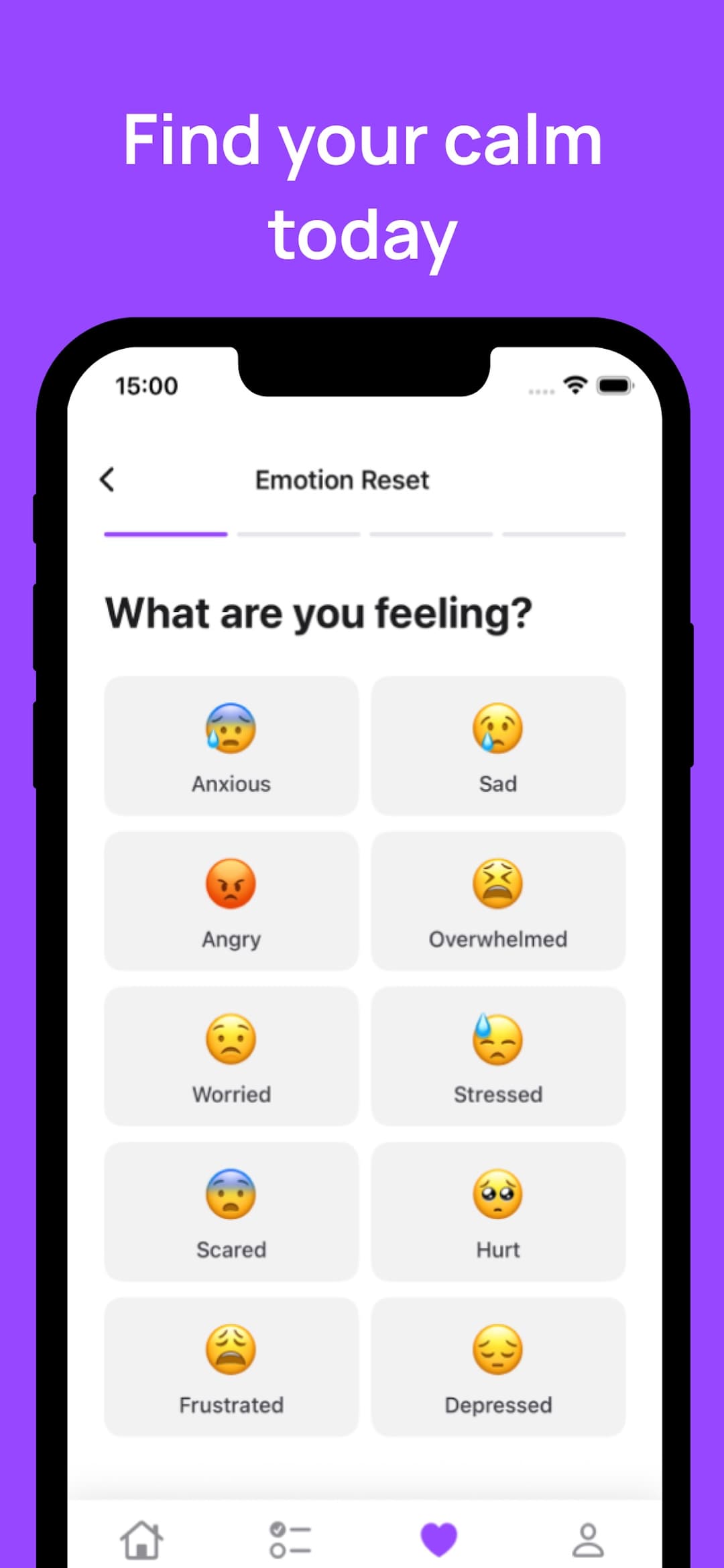 Emotion Reset screen asking what are you feeling with emotion choices