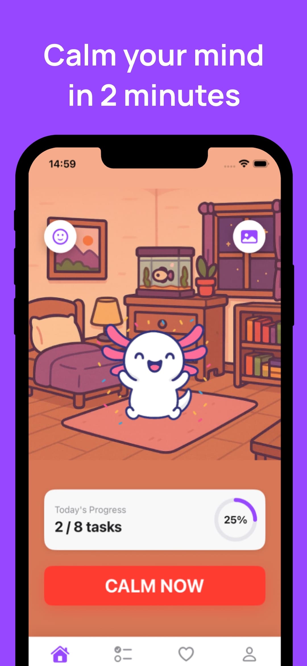 Nuvin home screen with the axolotl companion in a cozy room and a Calm Now button