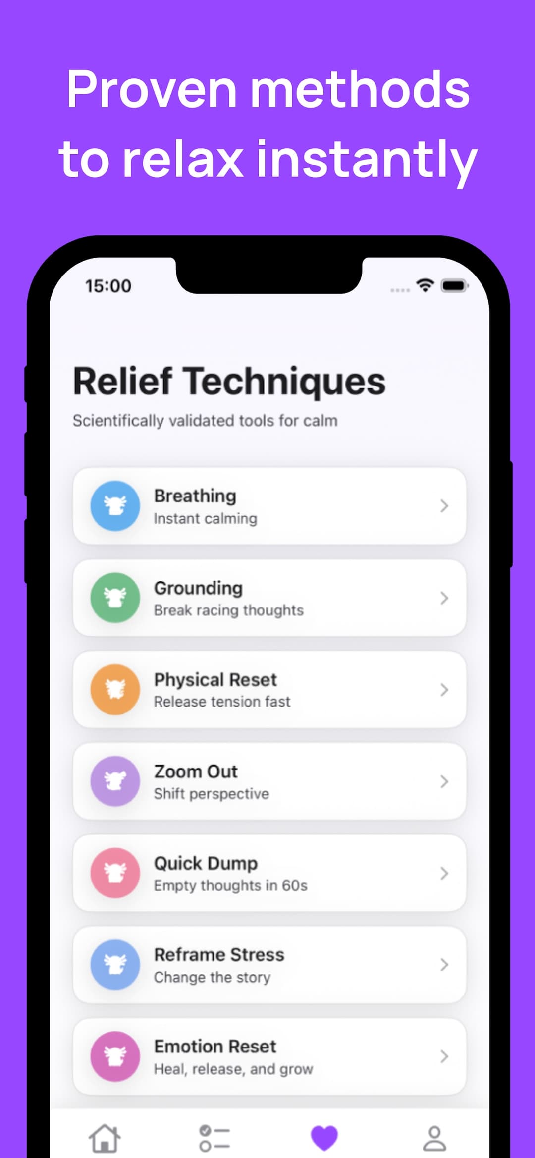 Relief Techniques list: Breathing, Grounding, Physical Reset, Zoom Out, Quick Dump, Reframe Stress, Emotion Reset
